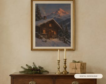 Alpejski domek, obraz olejny w stylu vintage po nartach, dekoracja ścienna do domku narciarskiego (pobranie cyfrowe)