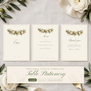 Painted Olive Wedding Table Numbers Template, Wedding Menu Card, Thank You Card, Editable Canva Table Stationery, 5x7
