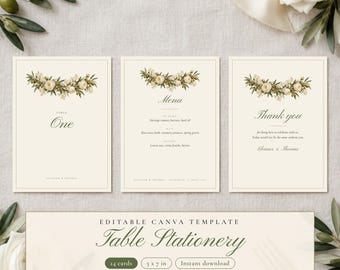 Modello per numeri da tavolo per matrimonio in verde oliva dipinto, menù per matrimonio, biglietto di ringraziamento, articoli di cancelleria per tavoli modificabili su Canva, 5x7