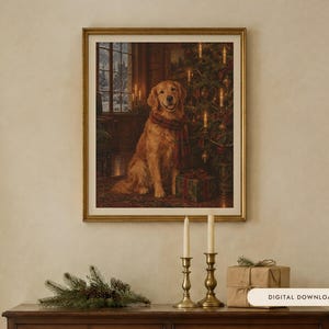 Golden Retriever Christmas Print, Vintage Oil Painting, Dog Lover Gift (Digital Download) image 1