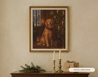 May include: A framed wall art print featuring a golden retriever wearing a red and green plaid scarf, sitting beside a decorated Christmas tree with lit candles and wrapped gifts in a room with a window view of a snowy landscape.