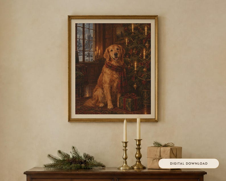 Golden Retriever Christmas Print, Vintage Oil Painting, Dog Lover Gift (Digital Download) image 1
