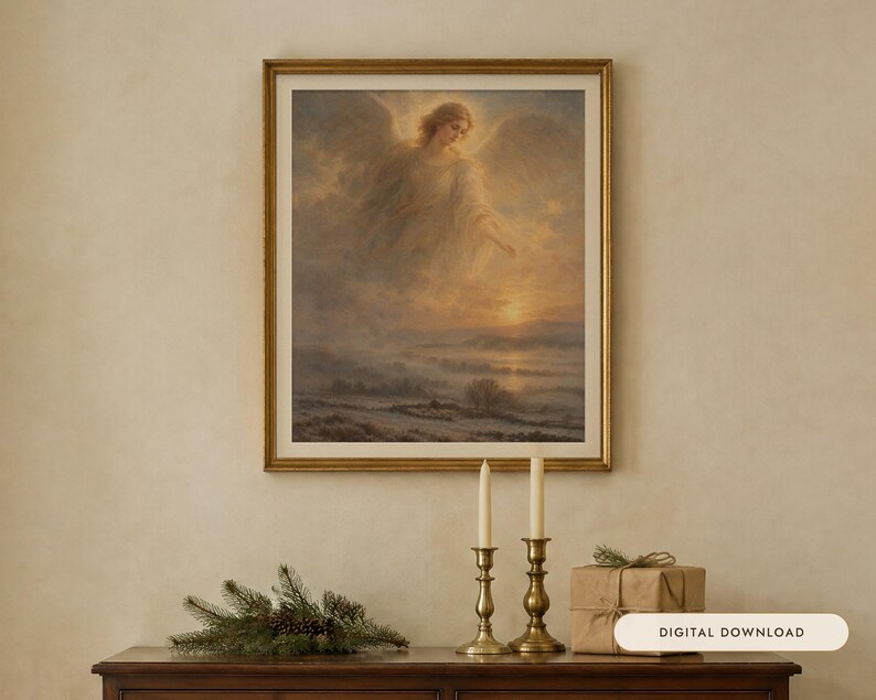 Christmas Angel Print, Vintage Oil Painting, Glory to God Wall Art (Digital Download) image 1
