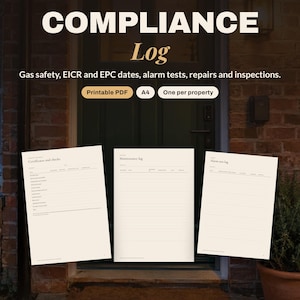 Utskrivbar logg för hyresvärdens efterlevnad | Spårning av gassäkerhet, EICR- och EPC-certifikat, underhållslogg, formulär för fastighetsinspektion | Storbritannien
