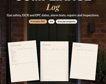 Landlord Compliance Log Printable | Gas Safety, EICR and EPC Certificate Tracker, Maintenance Log, Property Inspection Form | UK