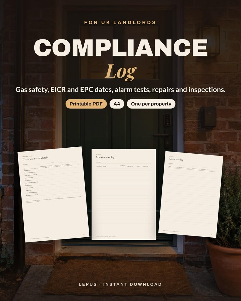Landlord Compliance Log Printable | Gas Safety, EICR and EPC Certificate Tracker, Maintenance Log, Property Inspection Form | UK image 1