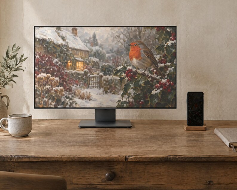 May include: A computer monitor displaying a winter scene with a robin perched on a holly bush in front of a snow-covered cottage. The monitor has a thin black frame and a dark gray stand, positioned on a wooden desk with a mug and a smartphone.