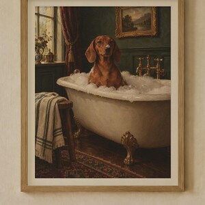 Dachshund Gift Set of 2 Prints, Bathroom and Christmas Oil Paintings (Digital Download) image 2