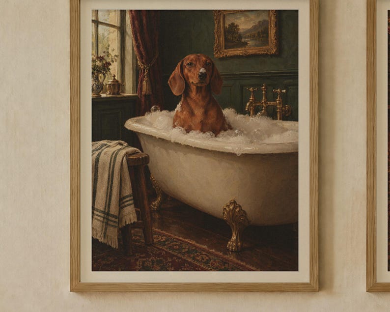 Dachshund Gift Set of 2 Prints, Bathroom and Christmas Oil Paintings (Digital Download) image 2