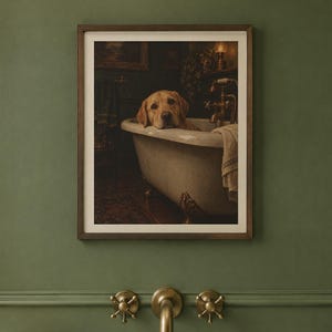 Yellow Labrador Bathroom Wall Art, Funny Dog Oil Painting Print (Digital Download) image 2