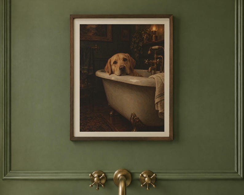 Yellow Labrador Bathroom Wall Art, Funny Dog Oil Painting Print (Digital Download) image 2