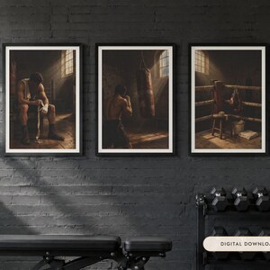 Set van 3 olieverfschilderijen met boksthema | Vintage wanddecoratie voor de bokszaal | Decoratie voor de mancave | Printbare digitale download afbeelding 1