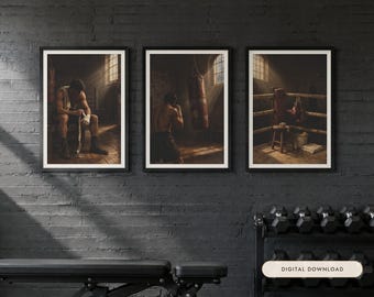 May include: A set of three framed wall art prints depicting boxing scenes in a dimly lit gym. The images show a boxer wrapping hands, a boxer hitting a heavy bag, and an empty boxing ring with gloves. The text Digital Download is visible.