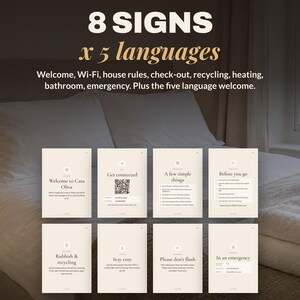 Multilingual Airbnb Signs Template, House Rules, Wi-Fi Sign, Check Out Sign in English French Spanish German Italian, Editable Canva image 4