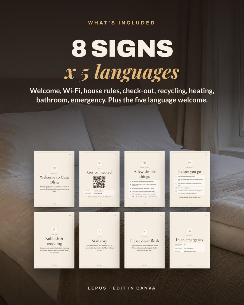 Multilingual Airbnb Signs Template, House Rules, Wi-Fi Sign, Check Out Sign in English French Spanish German Italian, Editable Canva image 4