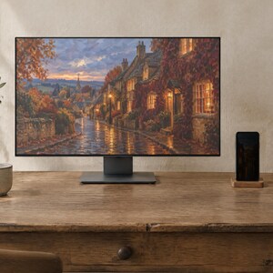 May include: A computer monitor displaying a painting of a cobblestone street lined with stone cottages at dusk, featuring warm glowing windows, autumn foliage, and a wet road. The monitor sits on a wooden desk next to a smartphone and a ceramic mug.