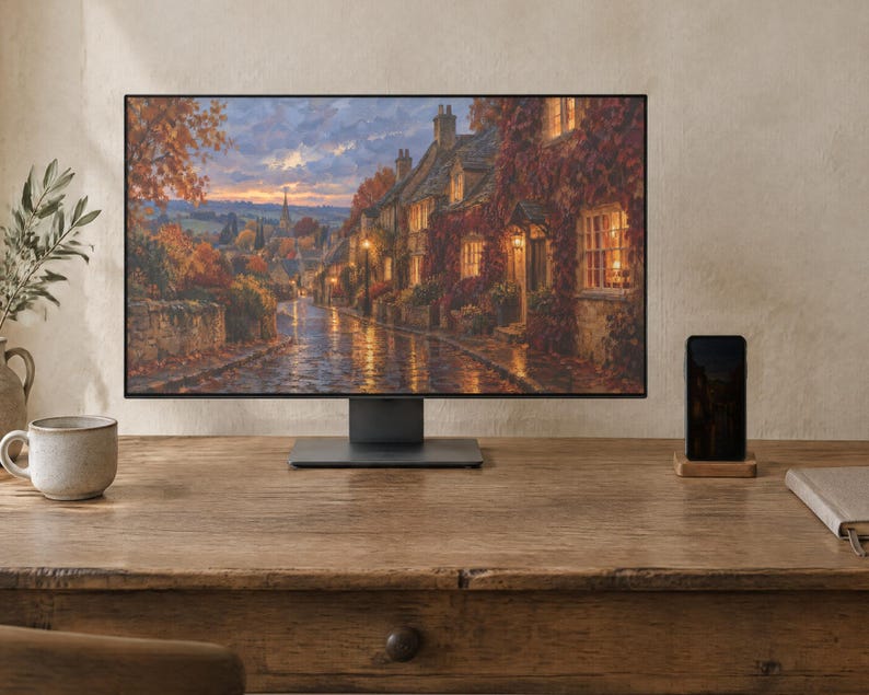 May include: A computer monitor displaying a painting of a cobblestone street lined with stone cottages at dusk, featuring warm glowing windows, autumn foliage, and a wet road. The monitor sits on a wooden desk next to a smartphone and a ceramic mug.