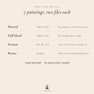 May include: A digital information chart titled WHAT YOU RECEIVE 7 paintings, two files each. It lists specifications for Matted and Full bleed files at 3840 x 2160, JPG 4K 16:9 format for Frame TVs, and a bonus desktop background option.