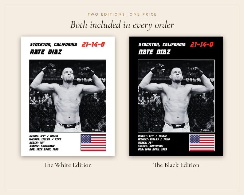 Plakat MMA Nate'a Diaza | Grafika ścienna do walki w Stockton | Edycje czarno-białe | Pobieranie cyfrowe zdjęcie 5