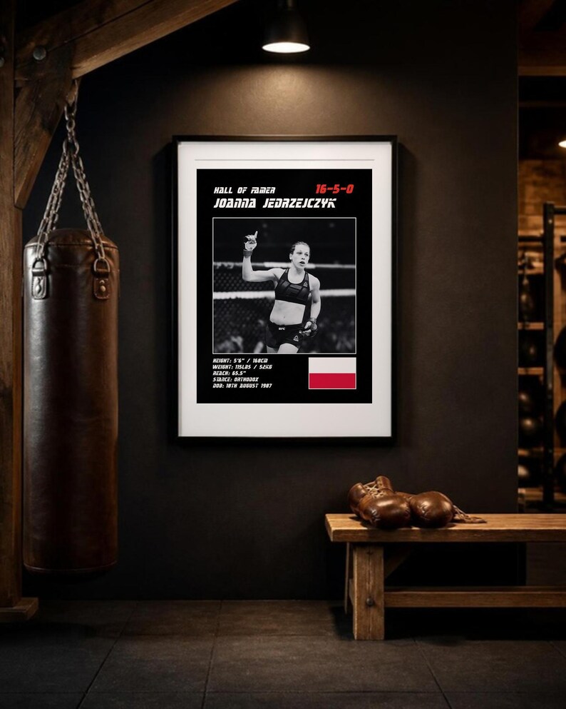 May include: A framed poster featuring a black and white photograph of Joanna Jedrzejczyk, with text reading Hall of Famer, 16-5-0, and her name. It includes stats like height 5'6", weight 115 lbs, reach 65.5", stance orthodox, DOB 18th August 1987, and a Polish flag.