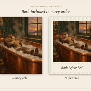Otter in the Bath Print | Funny Bathroom Wall Art | Vintage Animal Oil Painting | Bath before bed | Digital Download image 3