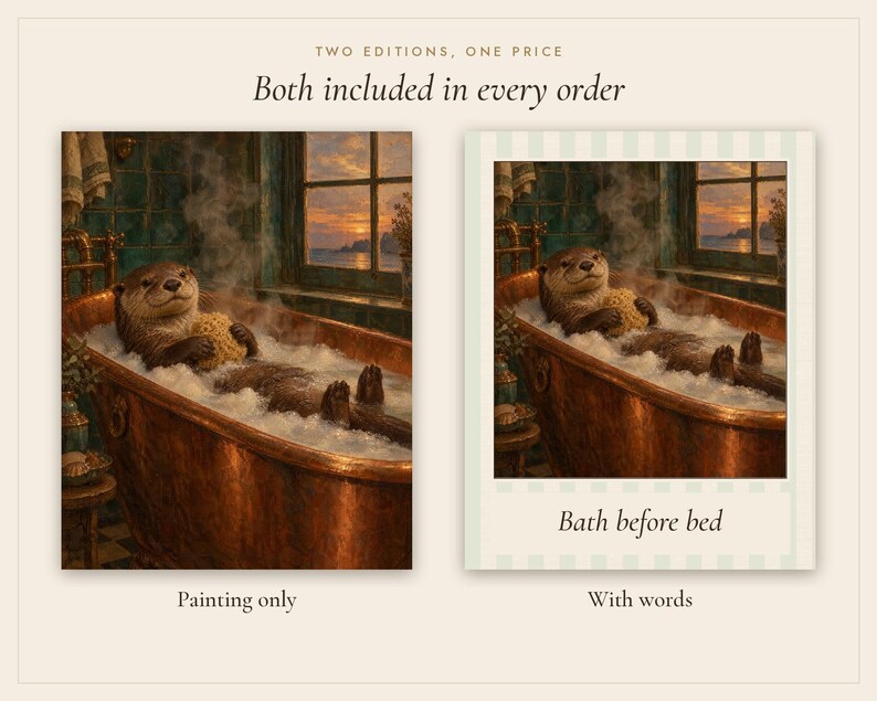 Otter in the Bath Print | Funny Bathroom Wall Art | Vintage Animal Oil Painting | Bath before bed | Digital Download image 3