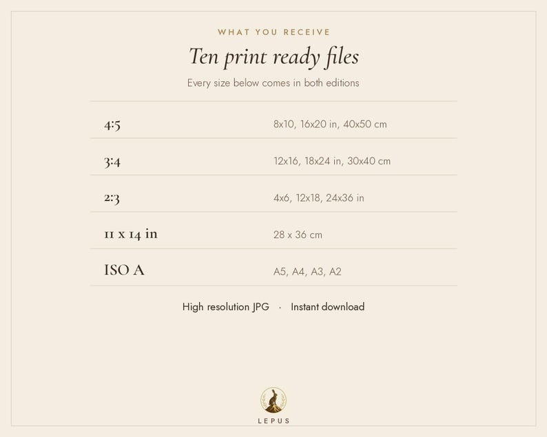 May include: A beige informational graphic titled 'WHAT YOU RECEIVE Ten print ready files' listing aspect ratios and dimensions including 4:5 (8x10, 16x20 in), 3:4 (12x16, 18x24 in), 2:3 (4x6, 12x18, 24x36 in), 11x14 in, and ISO A sizes A5, A4, A3, A2.