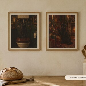 Black Cat Gift Set of 2 Prints, Bathroom and Christmas Oil Paintings (Digital Download)