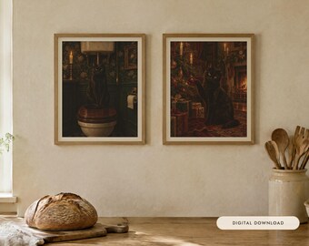 Black Cat Gift Set of 2 Prints, Bathroom and Christmas Oil Paintings (Digital Download)