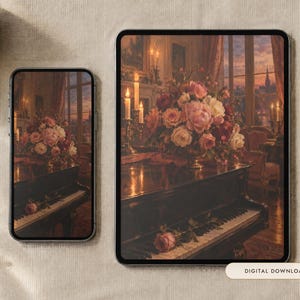 Pianokamerbehang | Olieverfschilderij Oude Romantiek Telefoon-, iPad- en Desktopachtergrond | Esthetiek van Oud Geld | Digitale download afbeelding 1