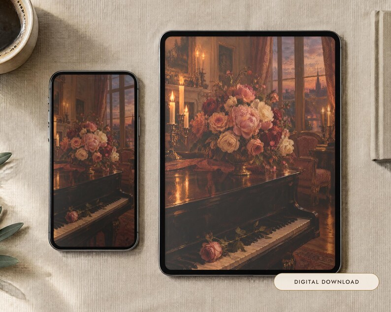 Pianokamerbehang | Olieverfschilderij Oude Romantiek Telefoon-, iPad- en Desktopachtergrond | Esthetiek van Oud Geld | Digitale download afbeelding 1