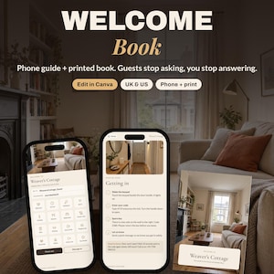 Pode incluir: Um modelo de livro de boas-vindas para aluguel de temporada digital e impresso com o texto "HOLIDAY LET WELCOME BOOK", "WELCOME Book", "Phone guide + printed book. Guests stop asking, you stop answering.", "Edit in Canva", "UK & US" e "Phone + print".