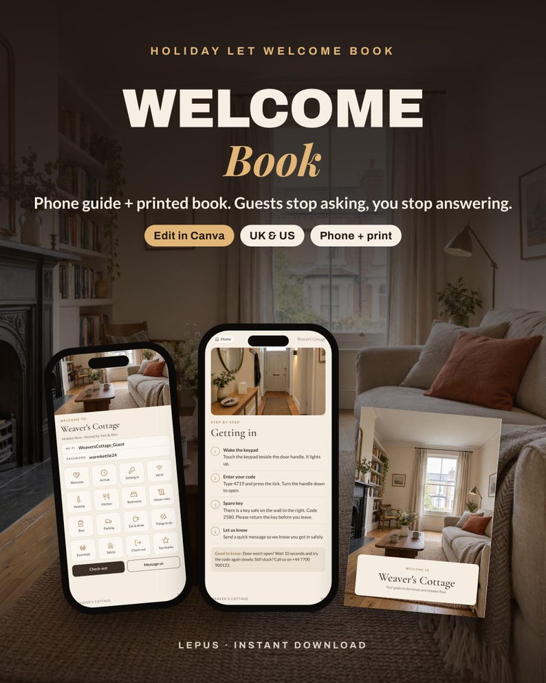 Pode incluir: Um modelo de livro de boas-vindas para aluguel de temporada digital e impresso com o texto "HOLIDAY LET WELCOME BOOK", "WELCOME Book", "Phone guide + printed book. Guests stop asking, you stop answering.", "Edit in Canva", "UK & US" e "Phone + print".