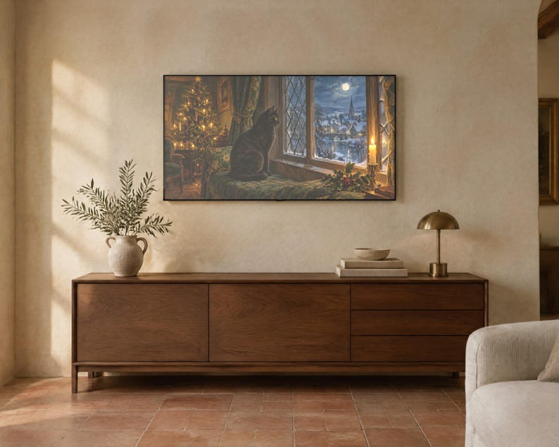 Frame TV Art: Black Cat at Christmas, Vintage Oil Painting (Digital Download) image 2