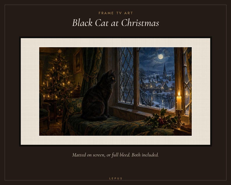Frame TV Art: Black Cat at Christmas, Vintage Oil Painting (Digital Download) image 3