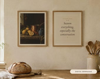 Lemons and Copper Kitchen Print Set of 2 | Still Life Oil Painting and Kitchen Quote | Cottage Kitchen Art | Digital Download