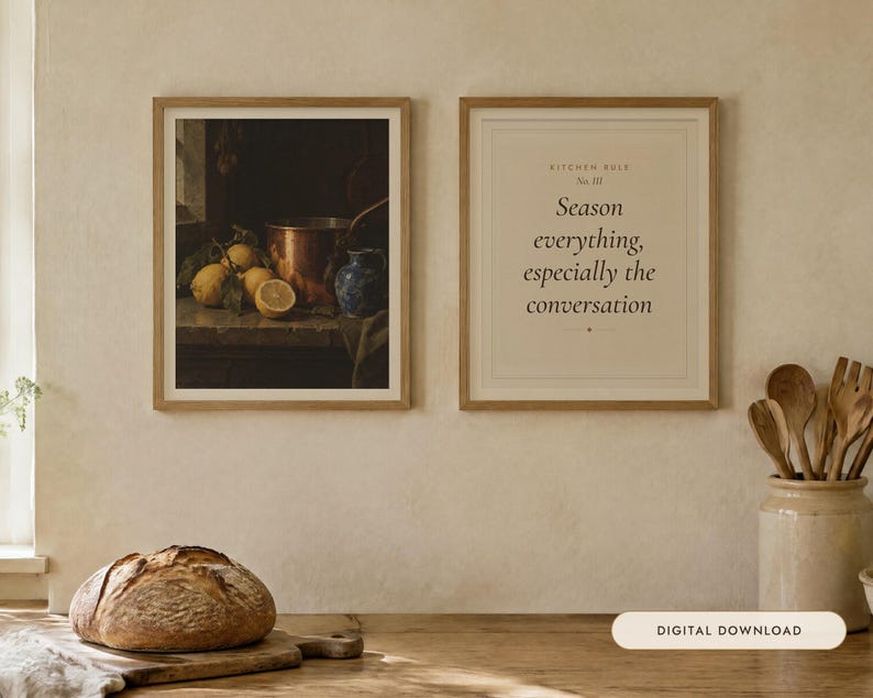 Lemons and Copper Kitchen Print Set of 2 | Still Life Oil Painting and Kitchen Quote | Cottage Kitchen Art | Digital Download image 1