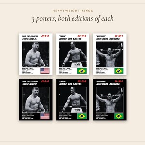 May include: Six posters titled HEAVYWEIGHT KINGS featuring Stipe Miocic, Junior Dos Santos, and Minotauro Nogueira. Each black and white portrait includes fighter statistics, records, and national flags in both white and black background editions.