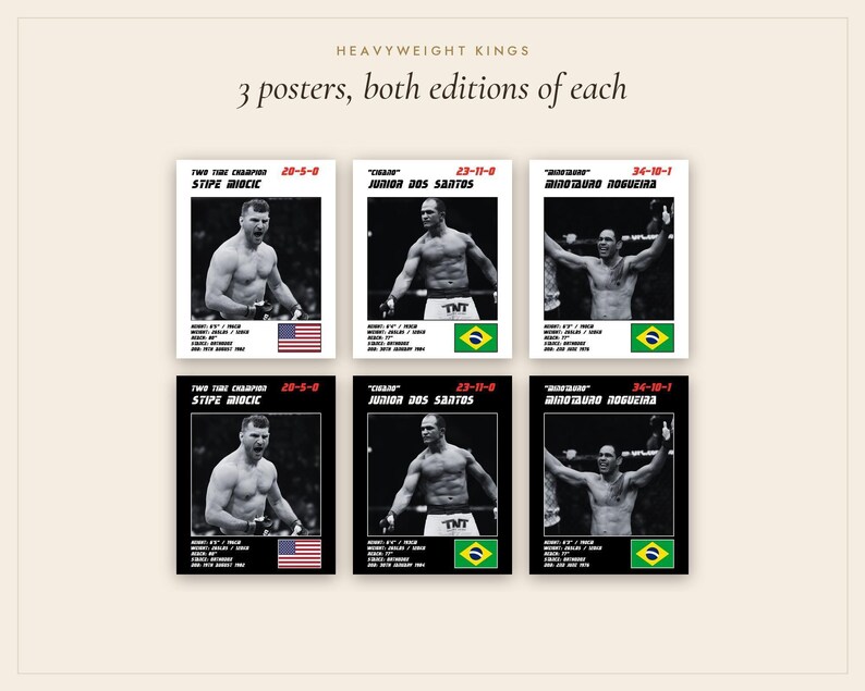 May include: Six posters titled HEAVYWEIGHT KINGS featuring Stipe Miocic, Junior Dos Santos, and Minotauro Nogueira. Each black and white portrait includes fighter statistics, records, and national flags in both white and black background editions.