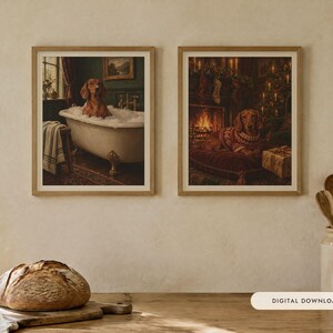 Dachshund Gift Set of 2 Prints, Bathroom and Christmas Oil Paintings (Digital Download) image 1