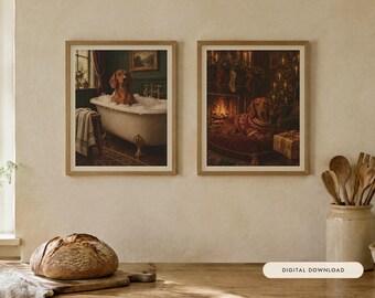 Dachshund Gift Set of 2 Prints, Bathroom and Christmas Oil Paintings (Digital Download)