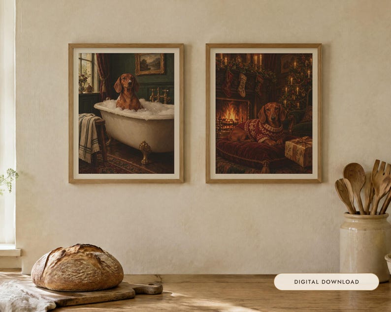 Dachshund Gift Set of 2 Prints, Bathroom and Christmas Oil Paintings (Digital Download) image 1