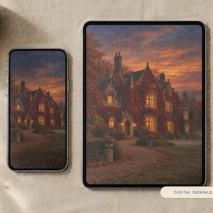 May include: A smartphone and a tablet displaying a digital artwork of a large manor house covered in autumn vines at sunset. The scene features a winding path, glowing windows, and a vibrant orange and purple sky. Text reads: DIGITAL DOWNLOAD.