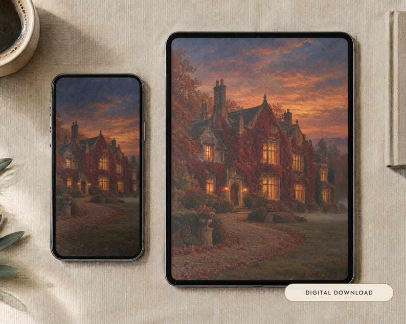 May include: A smartphone and a tablet displaying a digital artwork of a large manor house covered in autumn vines at sunset. The scene features a winding path, glowing windows, and a vibrant orange and purple sky. Text reads: DIGITAL DOWNLOAD.