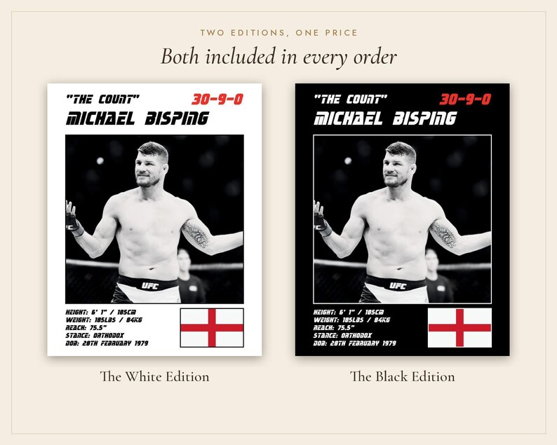 May include: Two posters featuring Michael Bisping in black and white. Each includes the text "The Count", "30-9-0", "Michael Bisping", height 6' 1", weight 185 lbs, reach 75.5", stance orthodox, DOB 28th February 1979, and the flag of England.