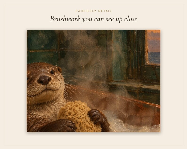 Otter in the Bath Print | Funny Bathroom Wall Art | Vintage Animal Oil Painting | Bath before bed | Digital Download image 5