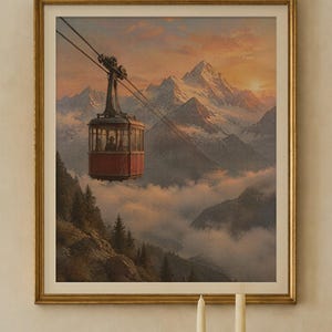 Red Cable Car Print, Vintage Alpine Oil Painting, Ski Wall Art (Digital Download) image 2
