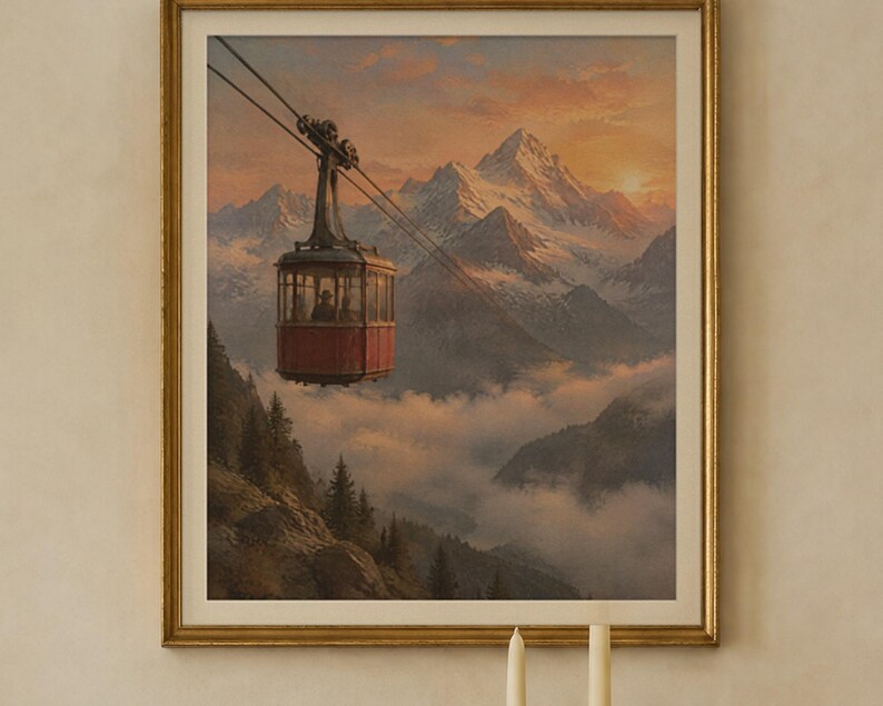 Red Cable Car Print, Vintage Alpine Oil Painting, Ski Wall Art (Digital Download) image 2
