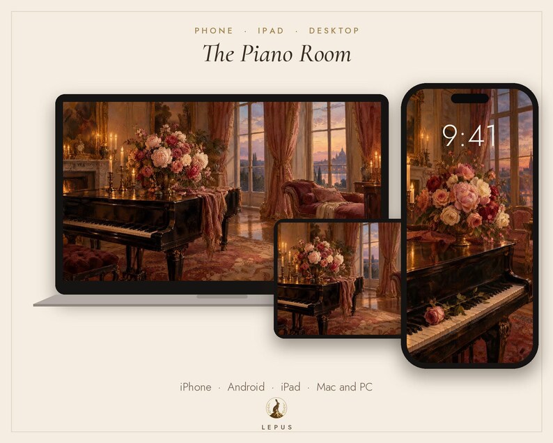 Pianokamerbehang | Olieverfschilderij Oude Romantiek Telefoon-, iPad- en Desktopachtergrond | Esthetiek van Oud Geld | Digitale download afbeelding 3