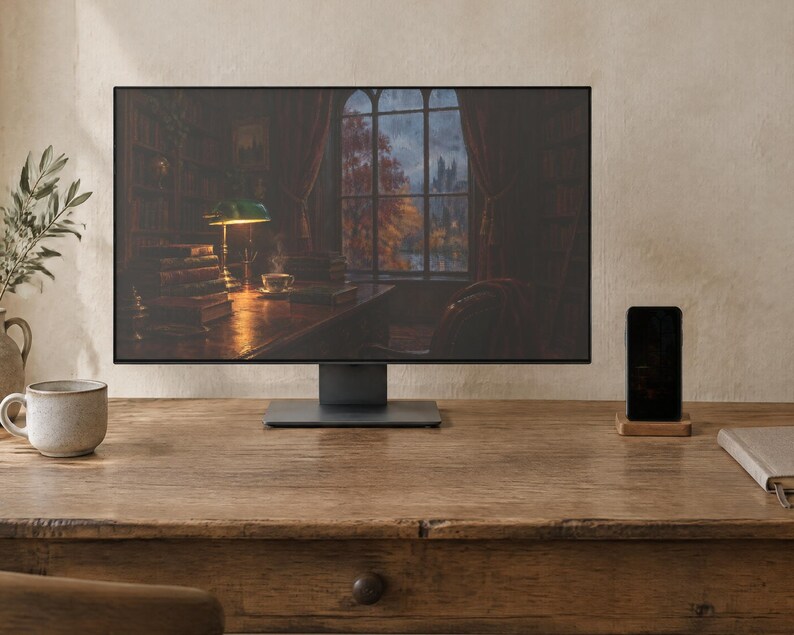 May include: A computer monitor displaying a digital image of a library desk with a lamp and window, positioned on a wooden desk next to a smartphone on a wooden stand, a ceramic mug, and a notebook on a textured surface.
